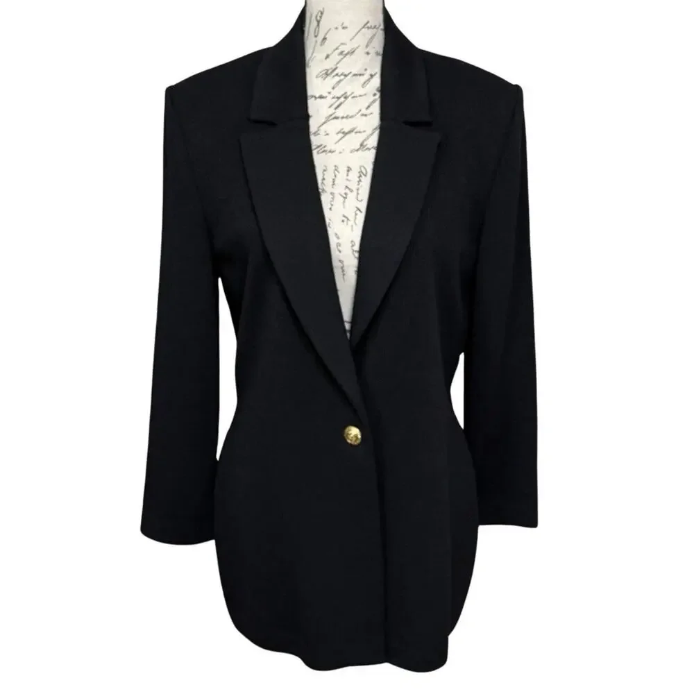 Vintage St John Basics SANTANA KNIT One Button Blazer Size 8 BLACK Shoulder Pads